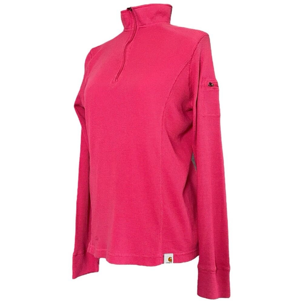 Carhartt Waffle Knit Thermal Pullover Womens L 1/4 Zip Pink Mock Neck Sweater